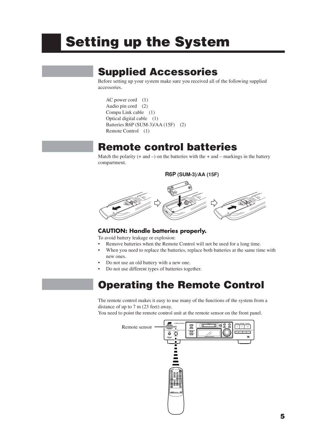 JVC XM-228BK manual Setting up the System, Supplied Accessories, Remote control batteries, Operating the Remote Control 