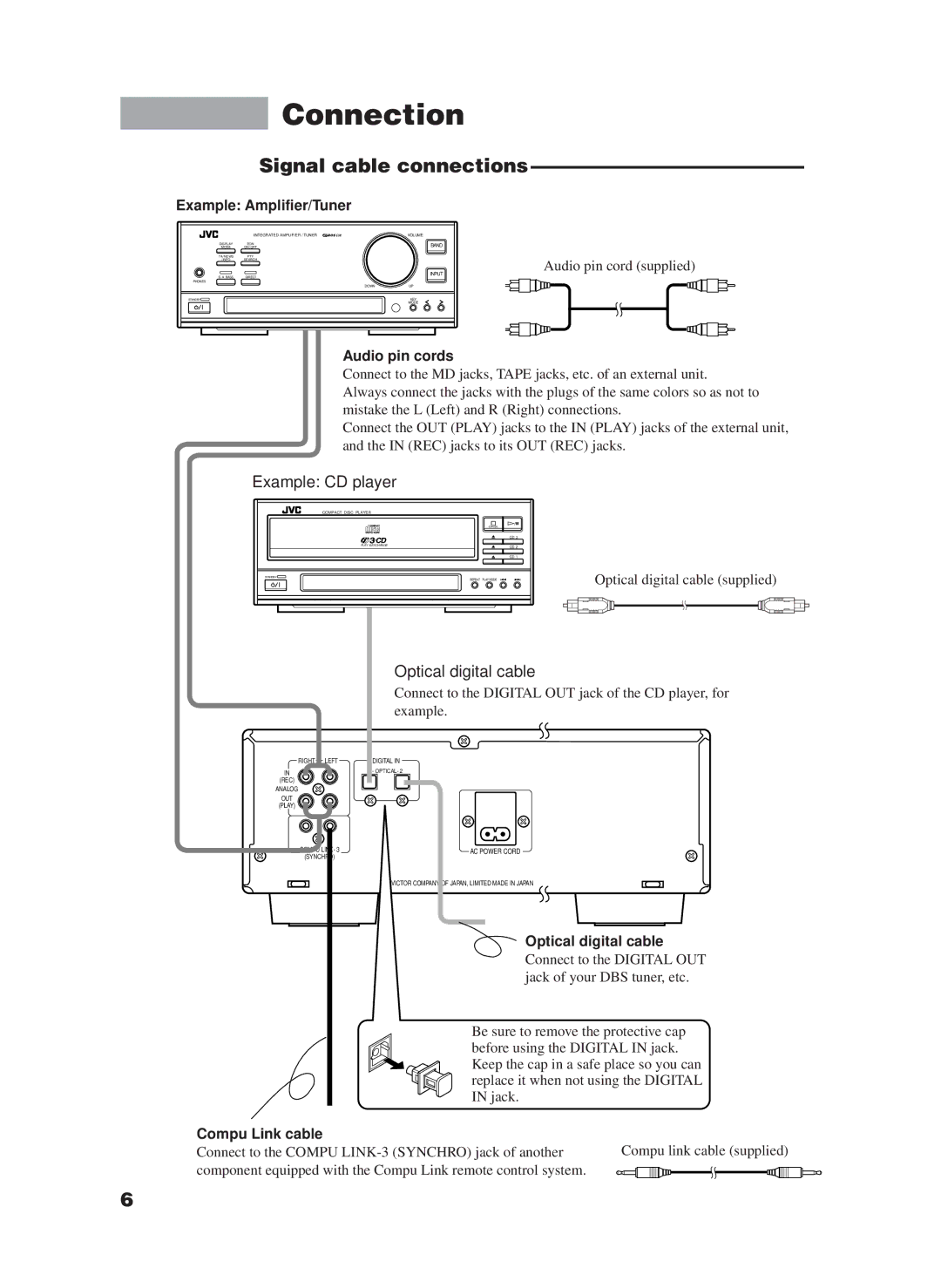 JVC XM-228BK manual Connection, Signal cable connections 