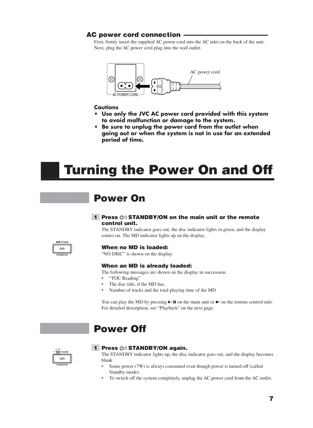 JVC XM-228BK manual Turning the Power On and Off, Power Off, AC power cord connection 