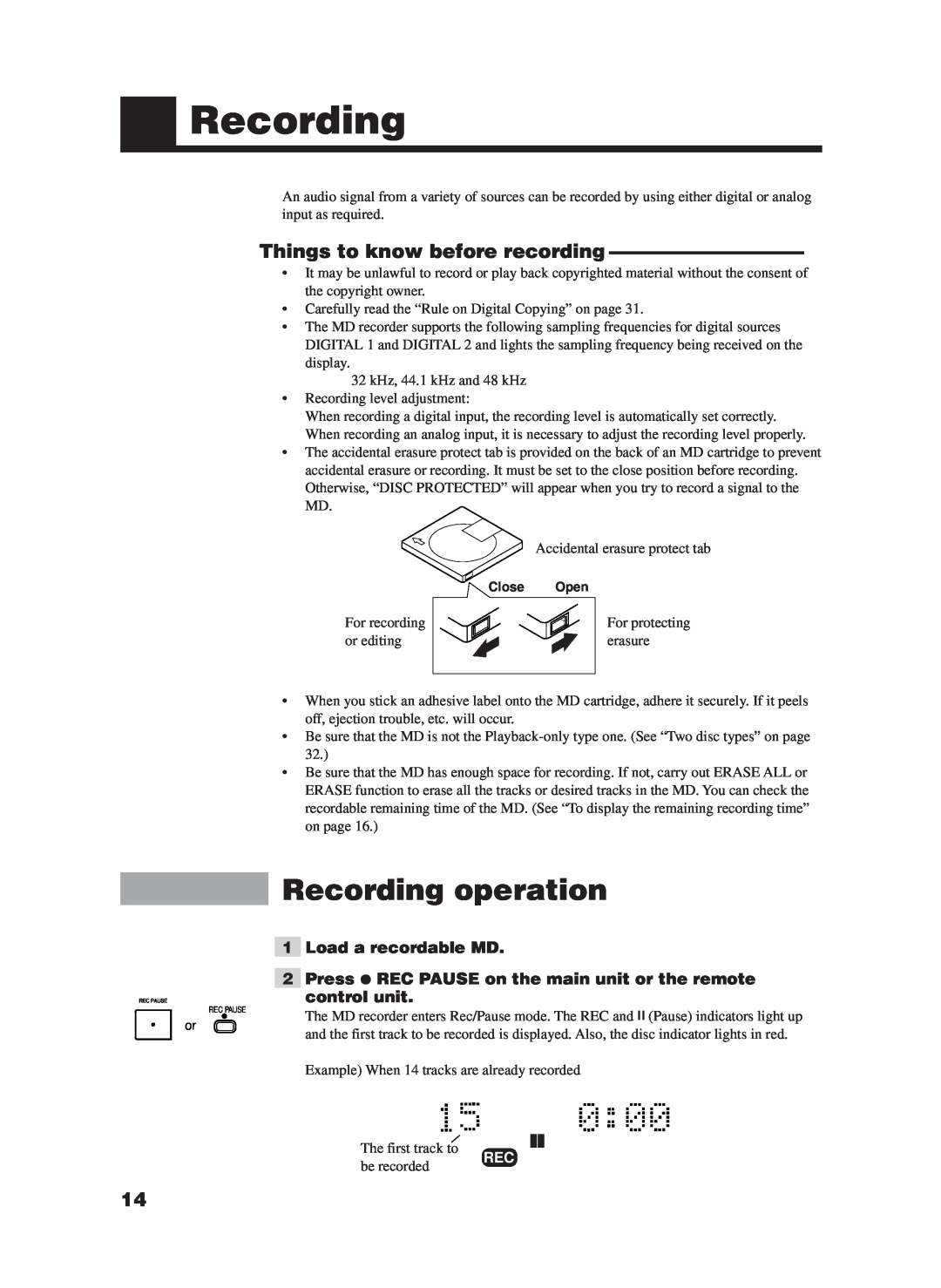 JVC XM-228BK manual Recording operation, Things to know before recording, 1Load a recordable MD 