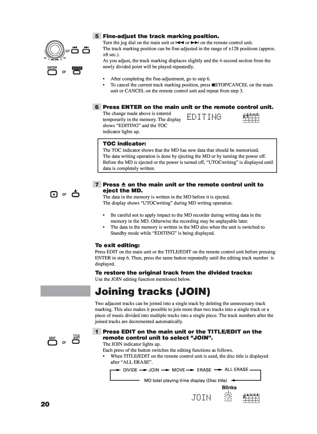 JVC XM-228BK manual Joining tracks JOIN, 5Fine-adjustthe track marking position, TOC indicator, To exit editing 