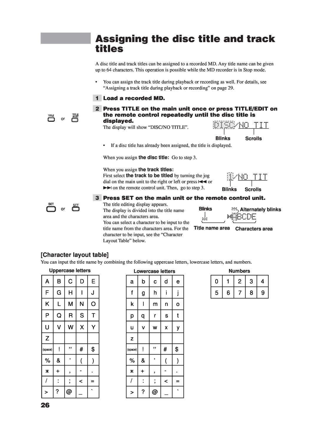 JVC XM-228BK manual Assigning the disc title and track titles, Character layout table 