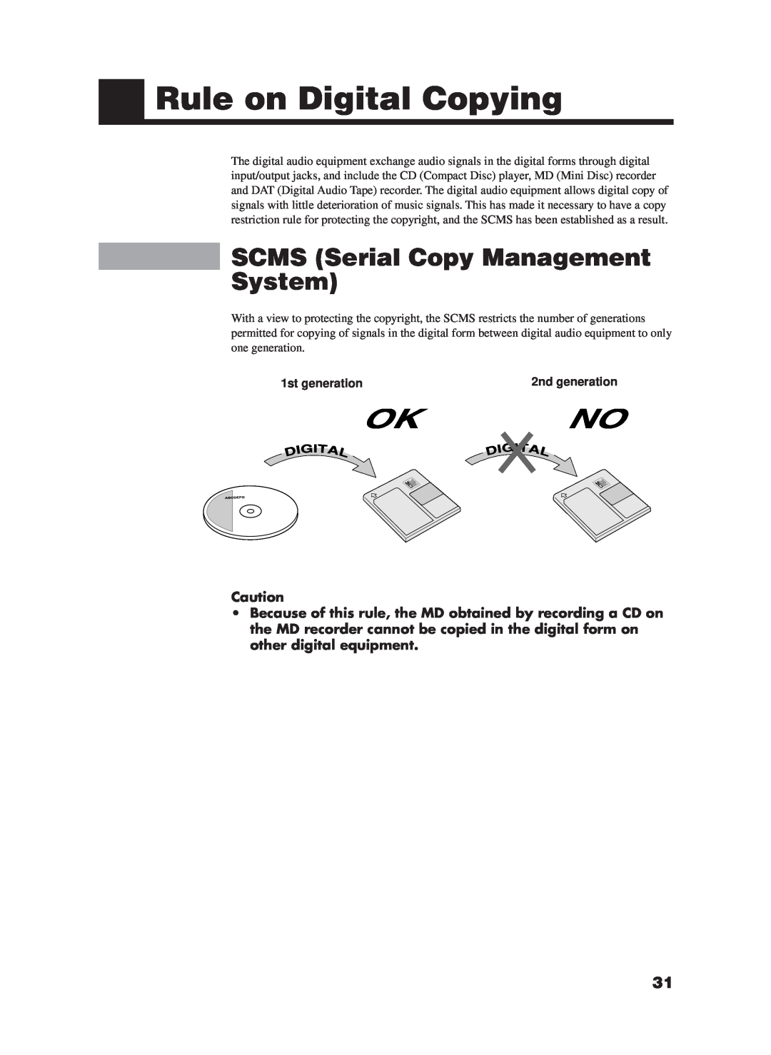 JVC XM-228BK manual Rule on Digital Copying, SCMS Serial Copy Management System, 1st generation, 2nd generation 