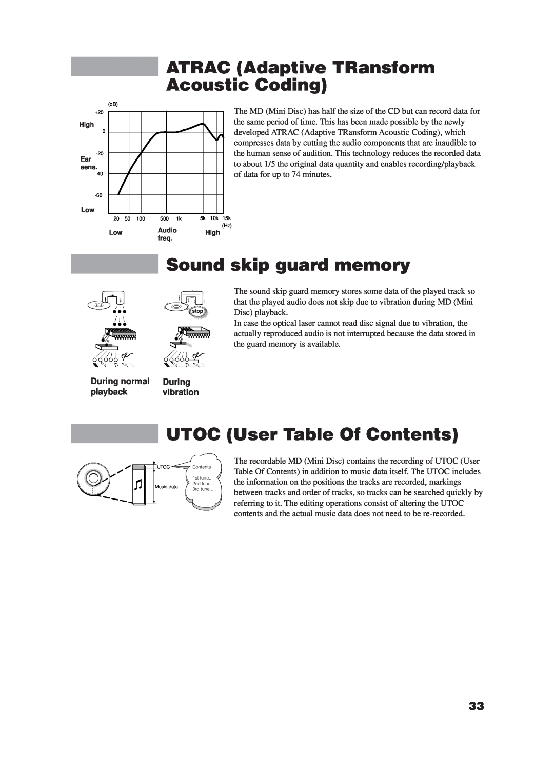 JVC XM-228BK manual ATRAC Adaptive TRansform Acoustic Coding, Sound skip guard memory, UTOC User Table Of Contents 