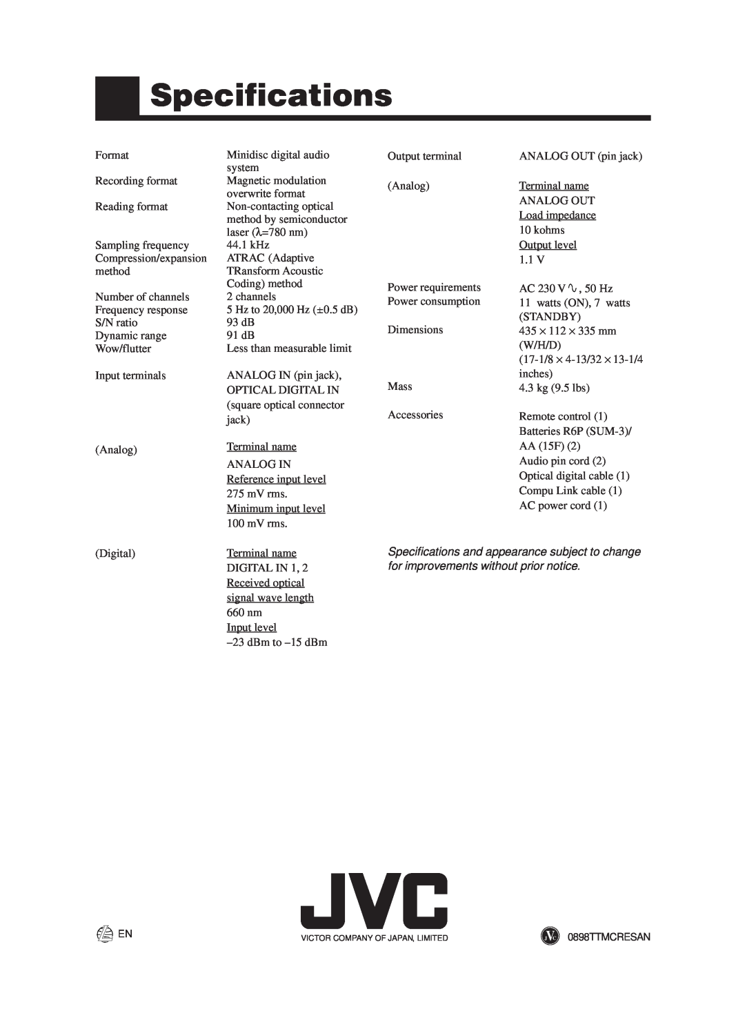 JVC XM-228BK manual Specifications 