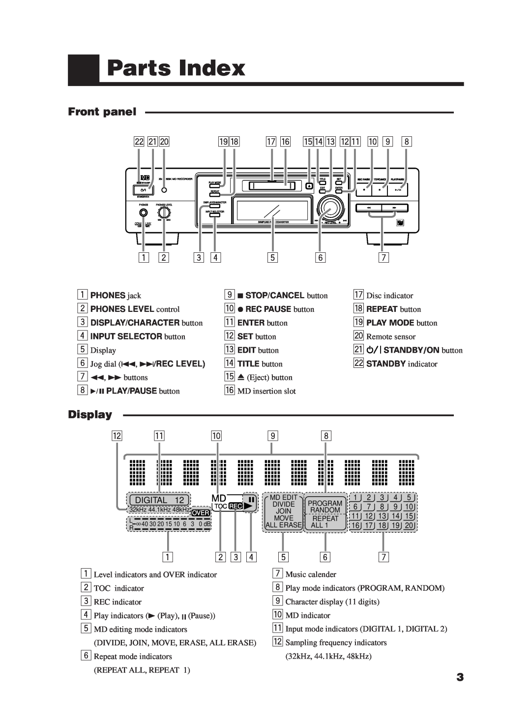 JVC XM-228BK manual Parts Index, Front panel, Display 