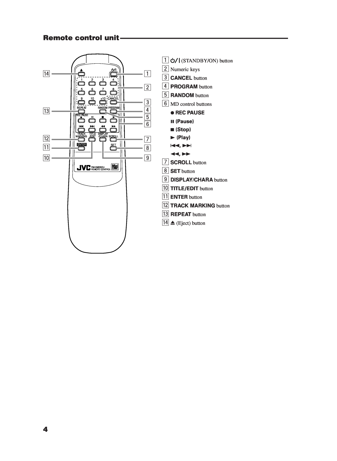 JVC XM-228BK manual Remote control unit, r e w q p, CANCEL button, PROGRAM button 5 RANDOM button, Rec Pause, Stop 73 Play 