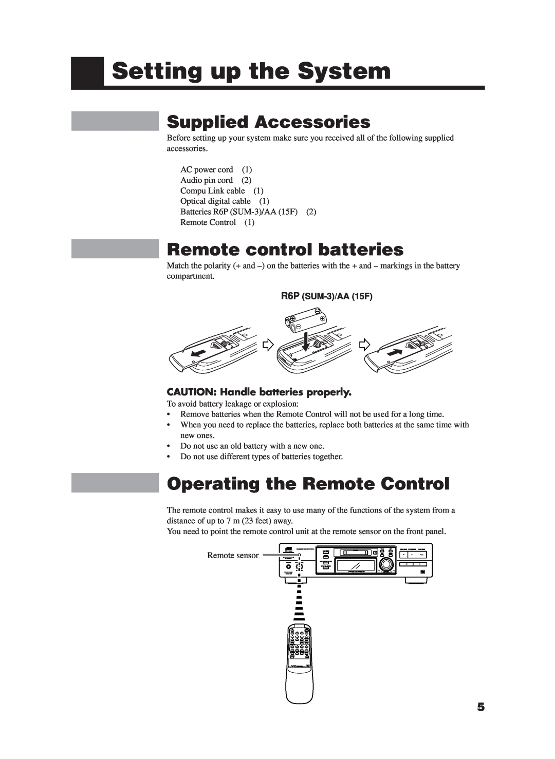 JVC XM-228BK manual Setting up the System, Supplied Accessories, Remote control batteries, Operating the Remote Control 