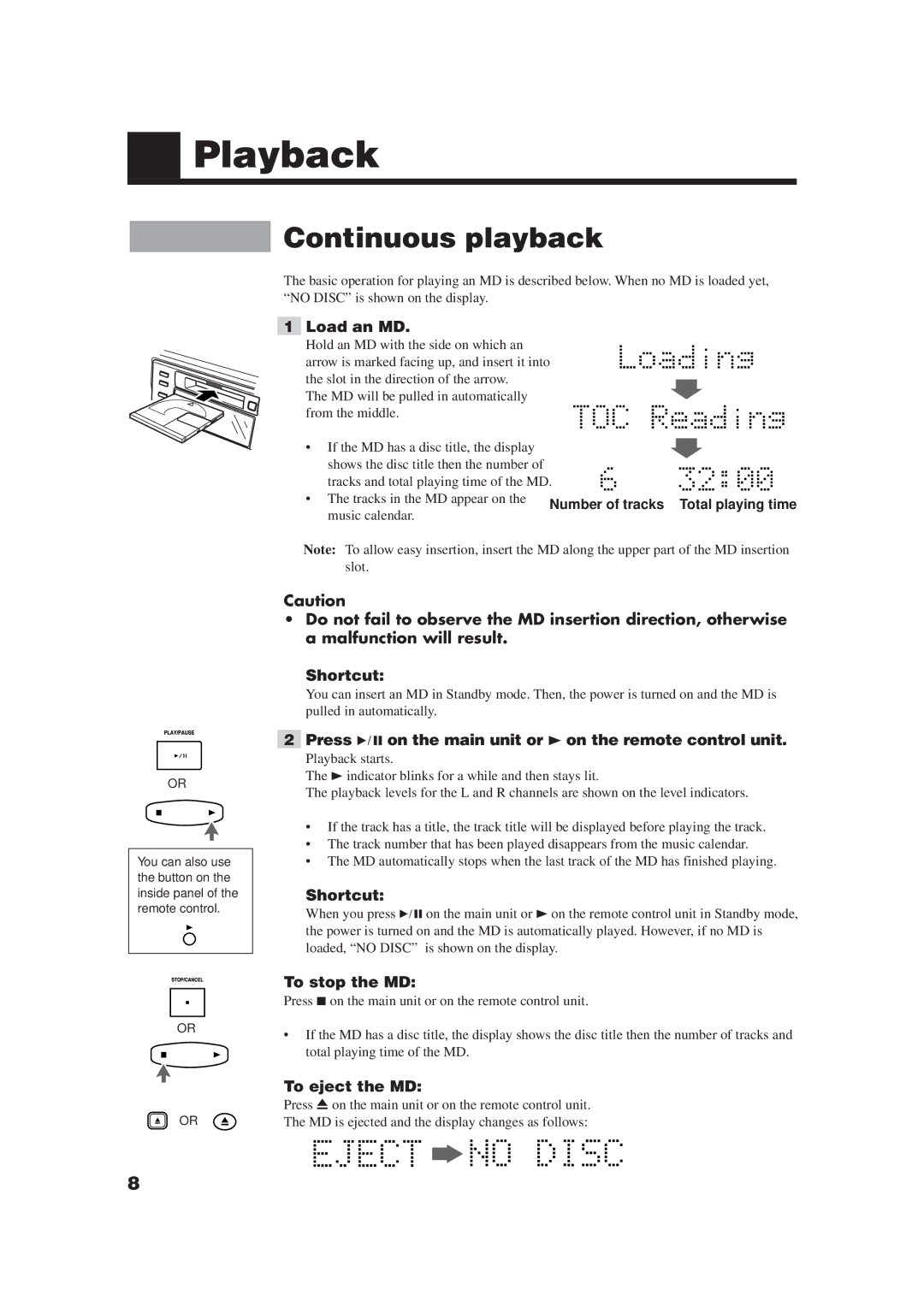 JVC XM-448BK manual Playback, Continuous playback 