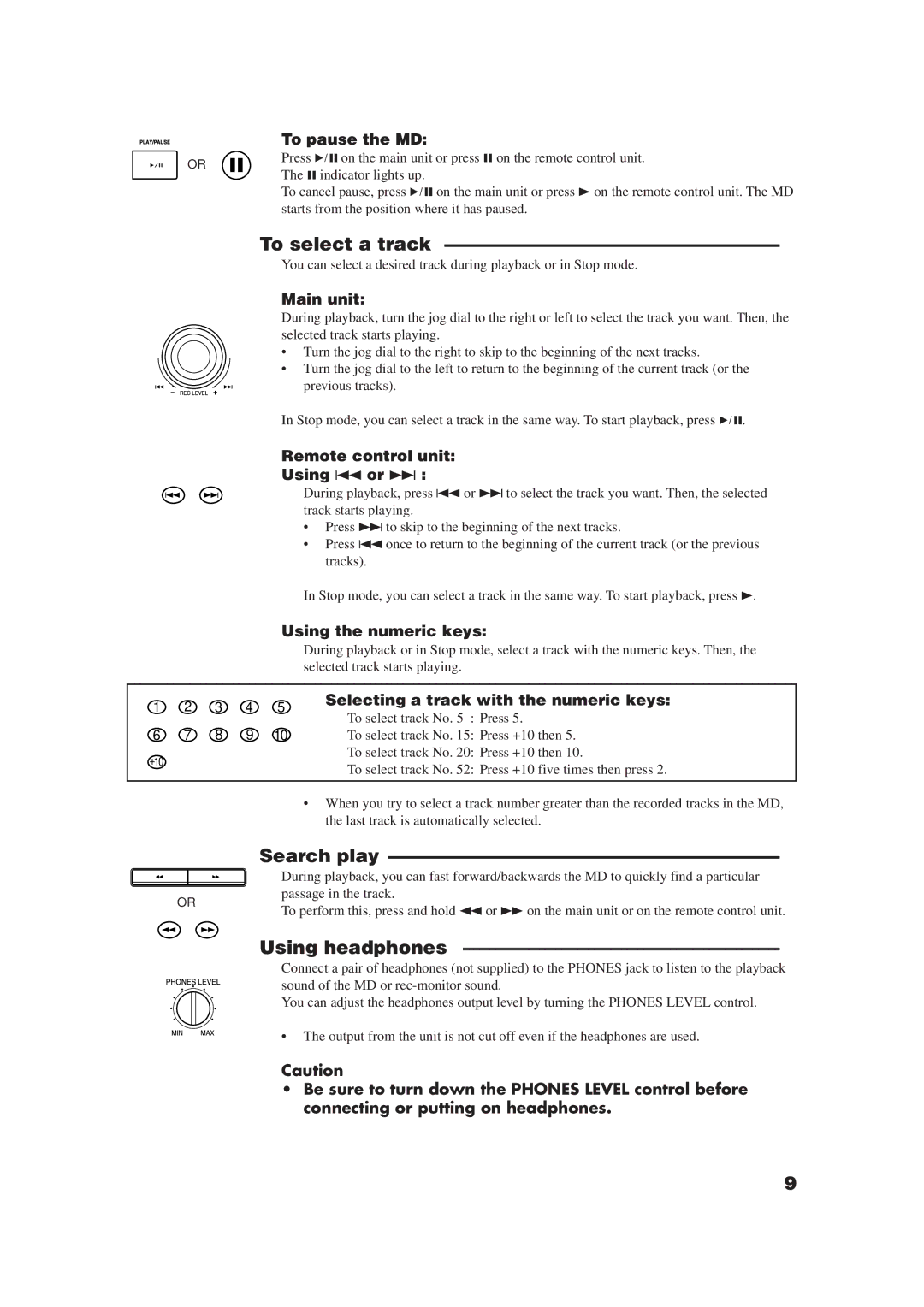 JVC XM-448BK manual To select a track, Search play, Using headphones 