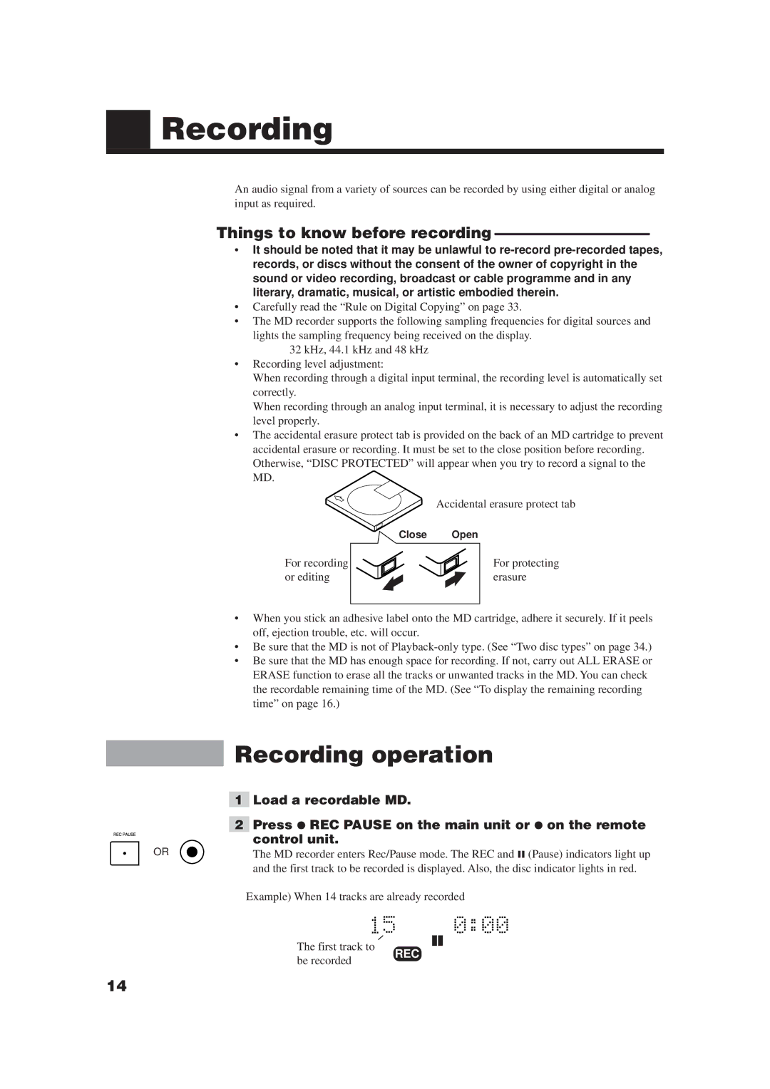 JVC XM-448BK manual Recording operation, Things to know before recording 