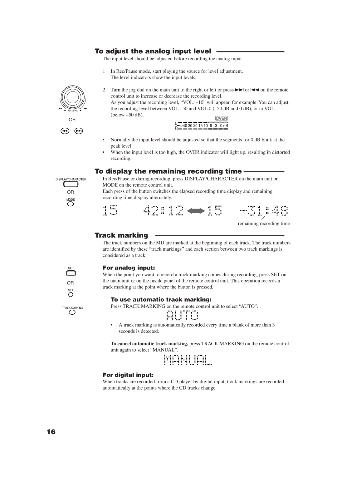 JVC XM-448BK manual To adjust the analog input level, To display the remaining recording time, Track marking 