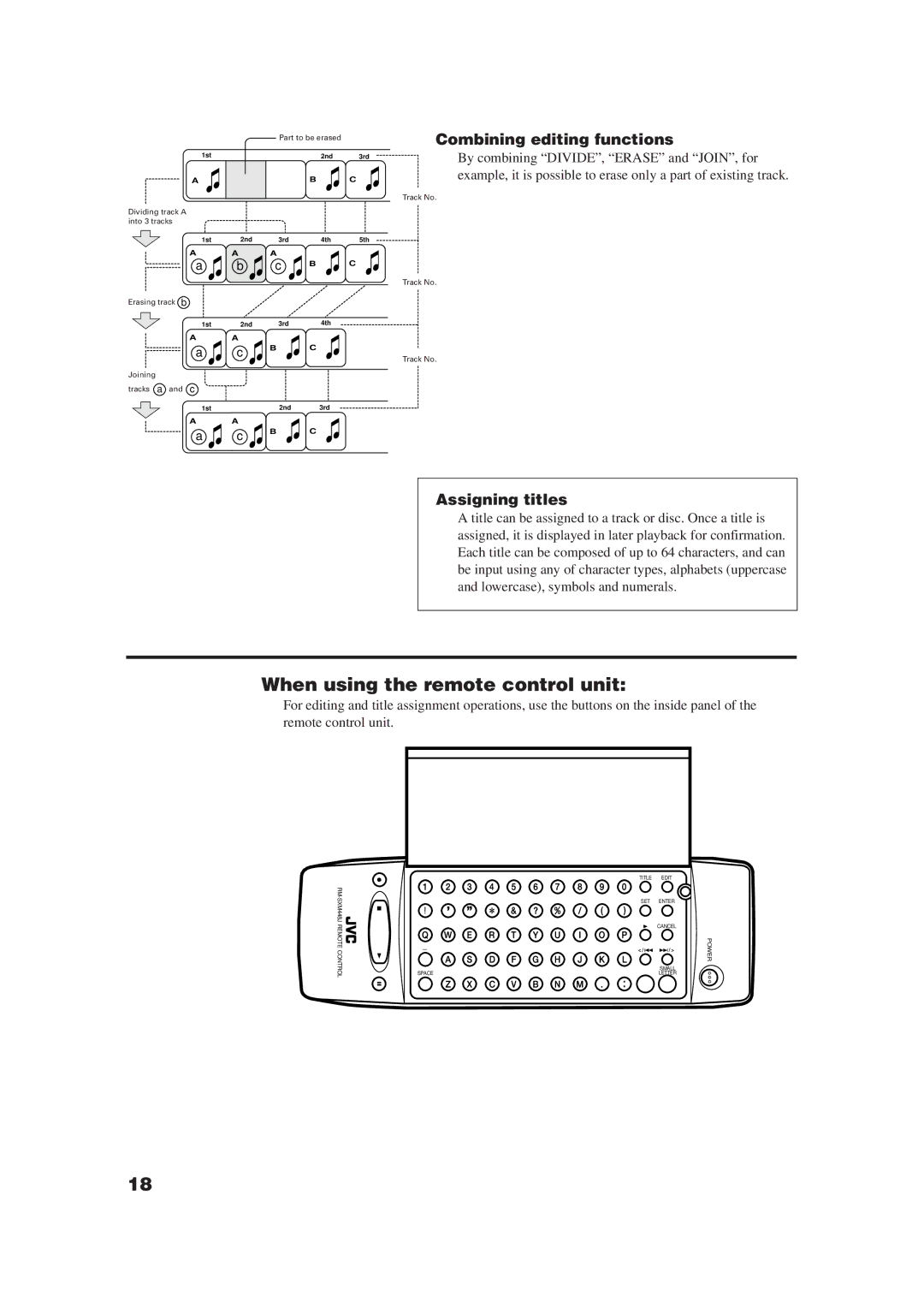 JVC XM-448BK manual When using the remote control unit, Combining editing functions, Assigning titles 