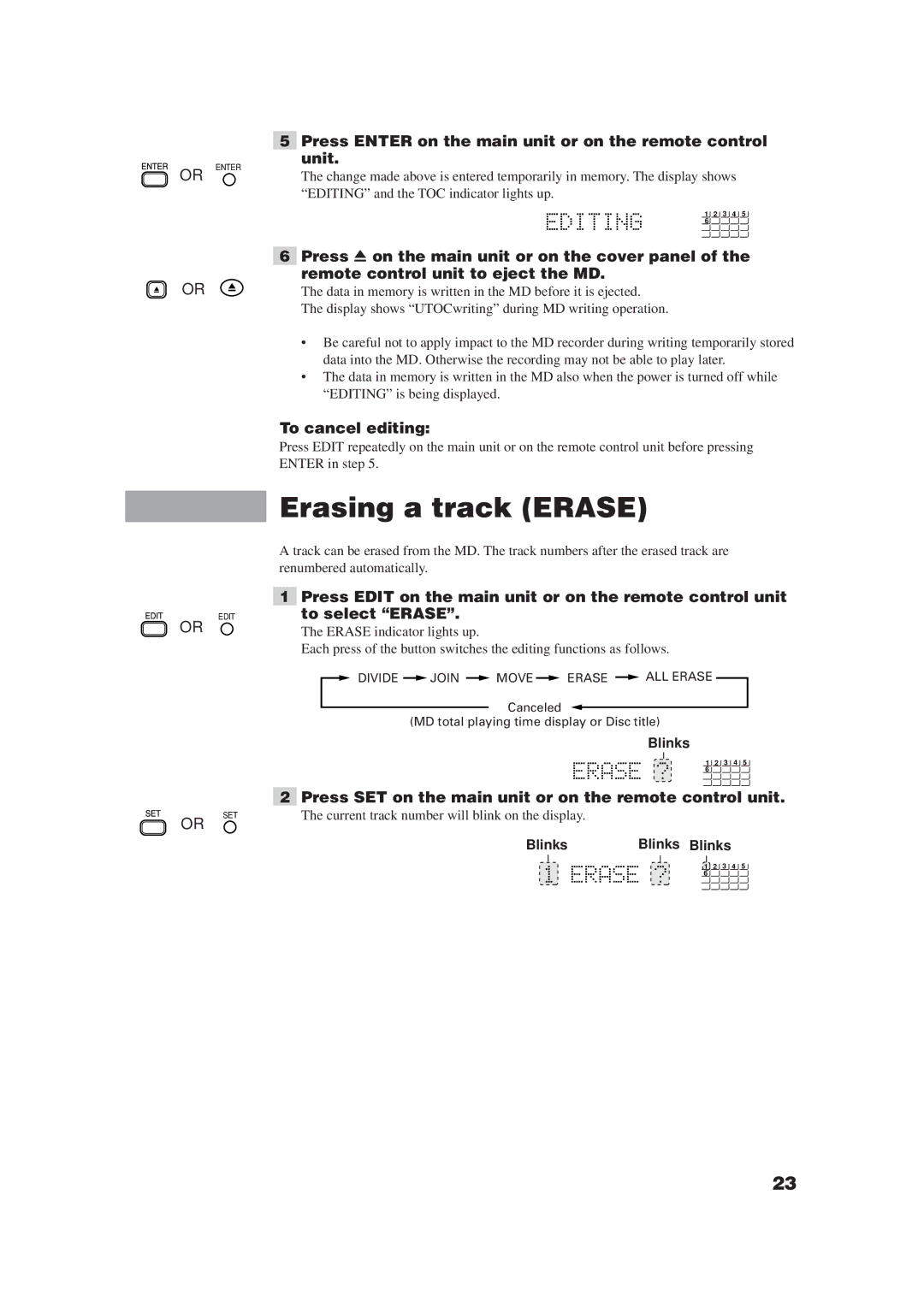 JVC XM-448BK manual Erasing a track Erase, Press Edit on the main unit or on the remote control unit, To select Erase 