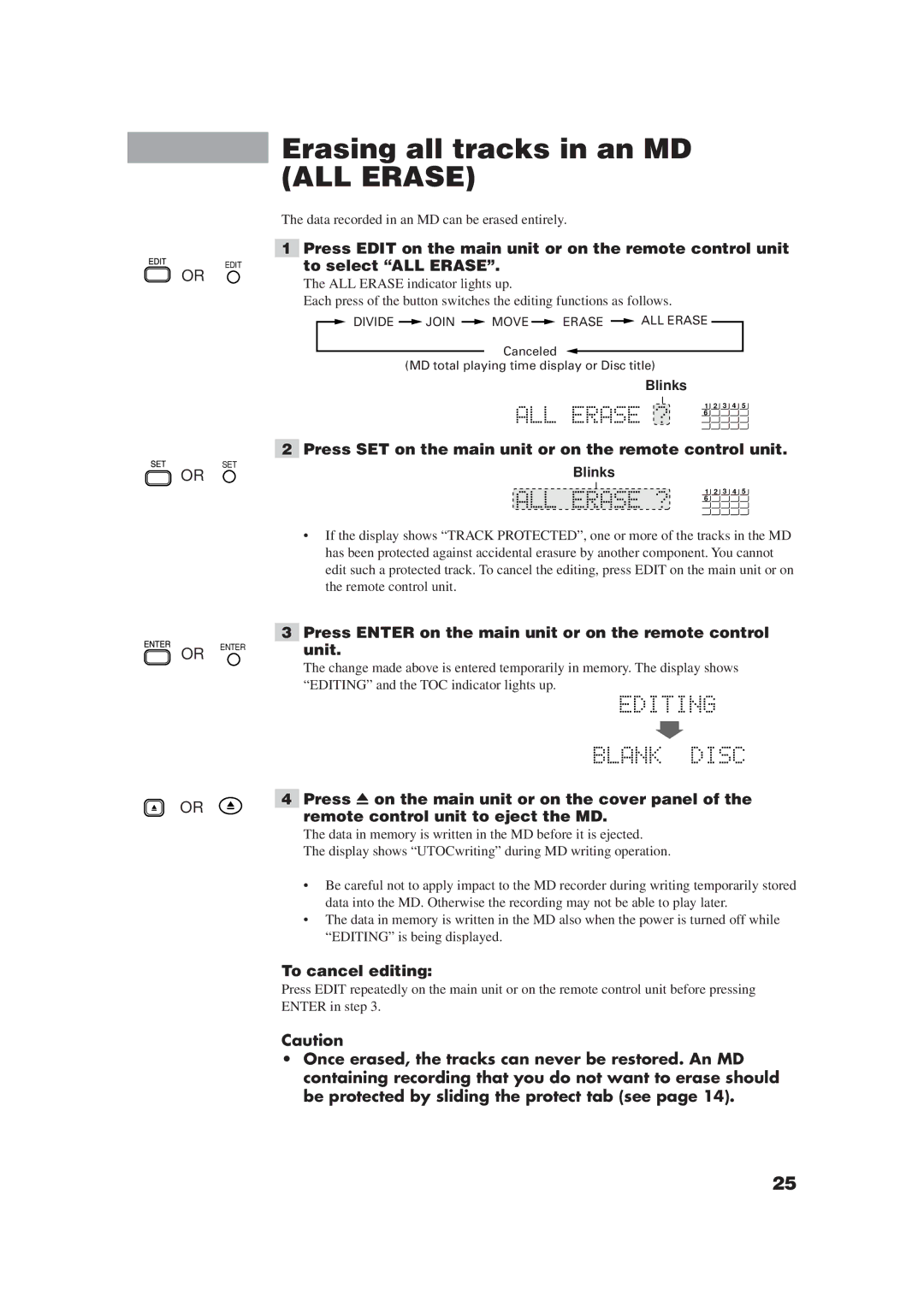 JVC XM-448BK manual Erasing all tracks in an MD ALL Erase 