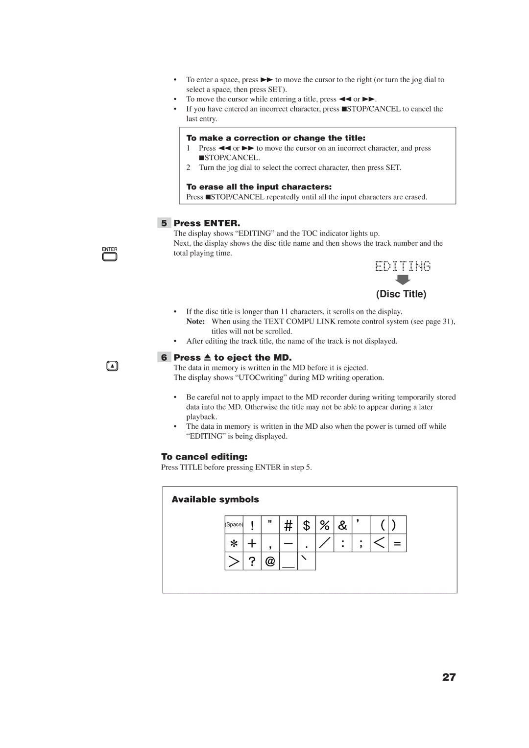 JVC XM-448BK manual Press Enter, Press 0 to eject the MD, Available symbols, To make a correction or change the title 