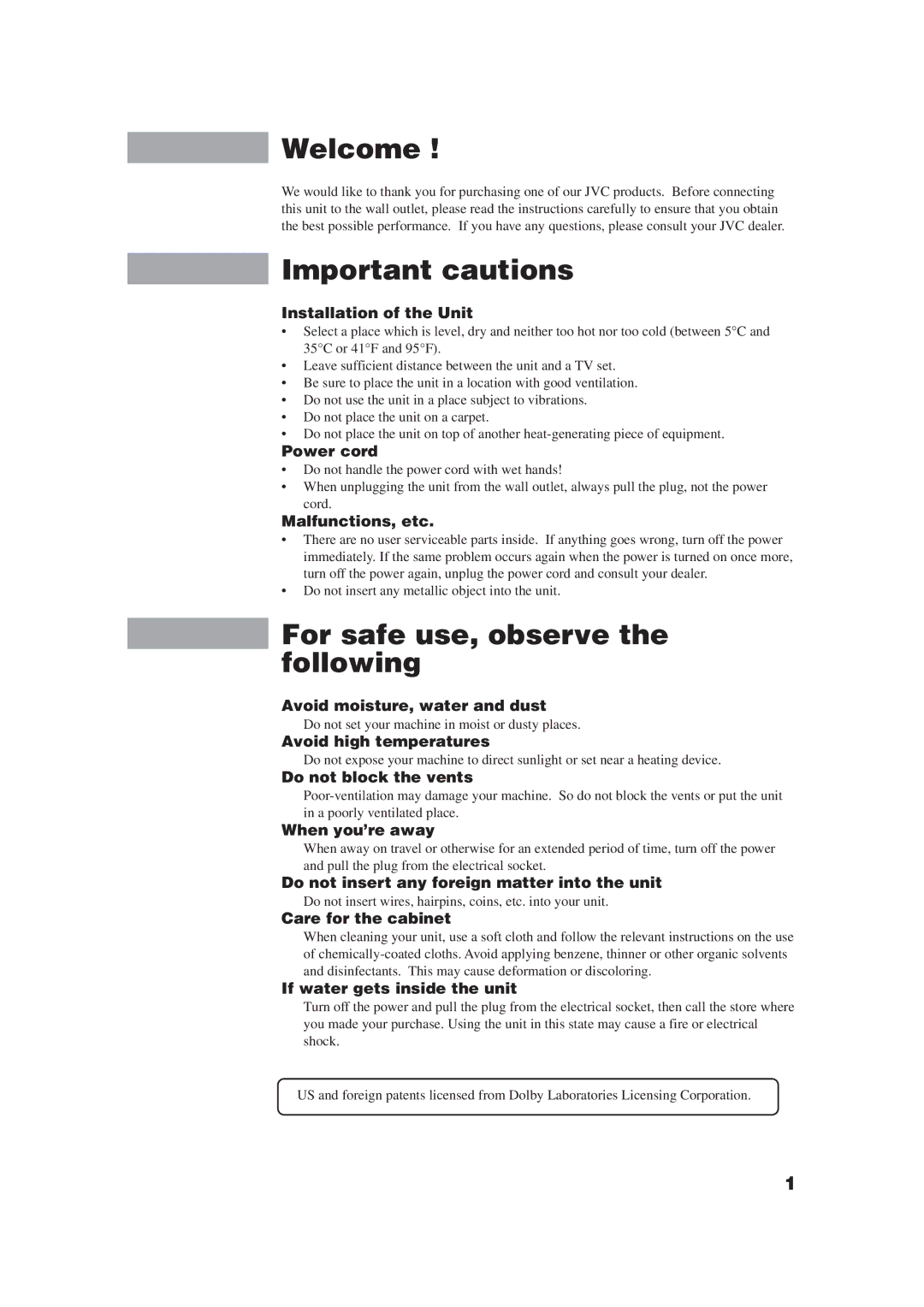 JVC XM-448BK manual Welcome, Important cautions, For safe use, observe the following 