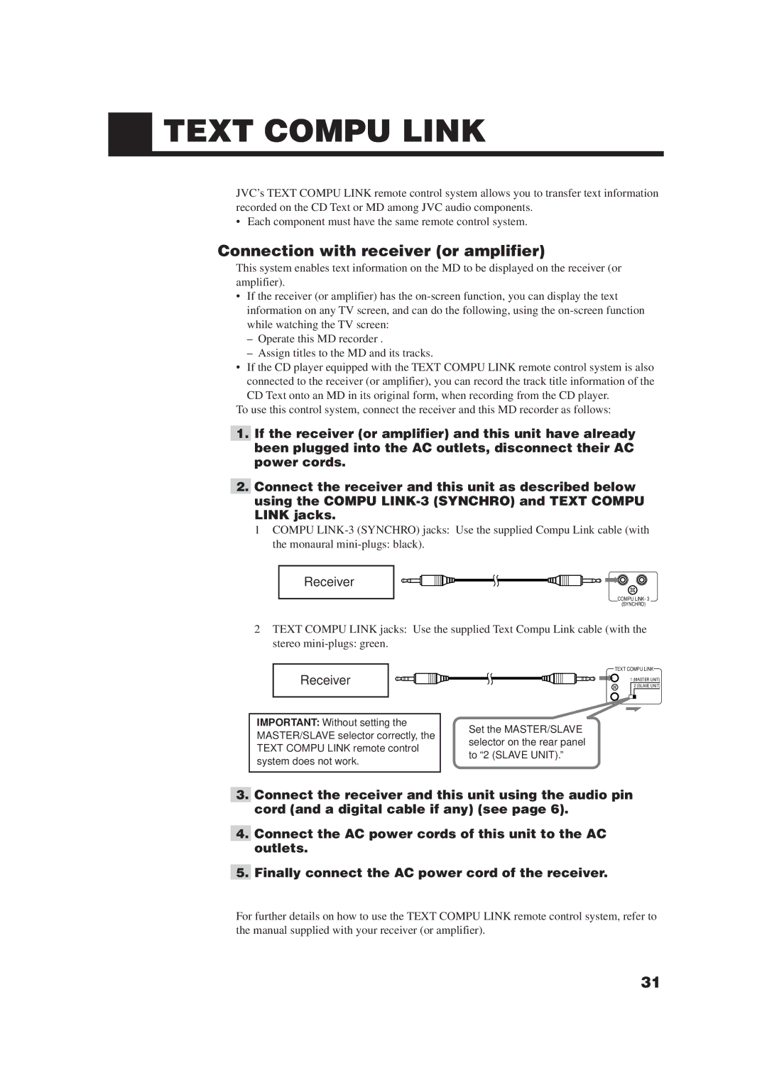 JVC XM-448BK manual Text Compu Link, Connection with receiver or amplifier 