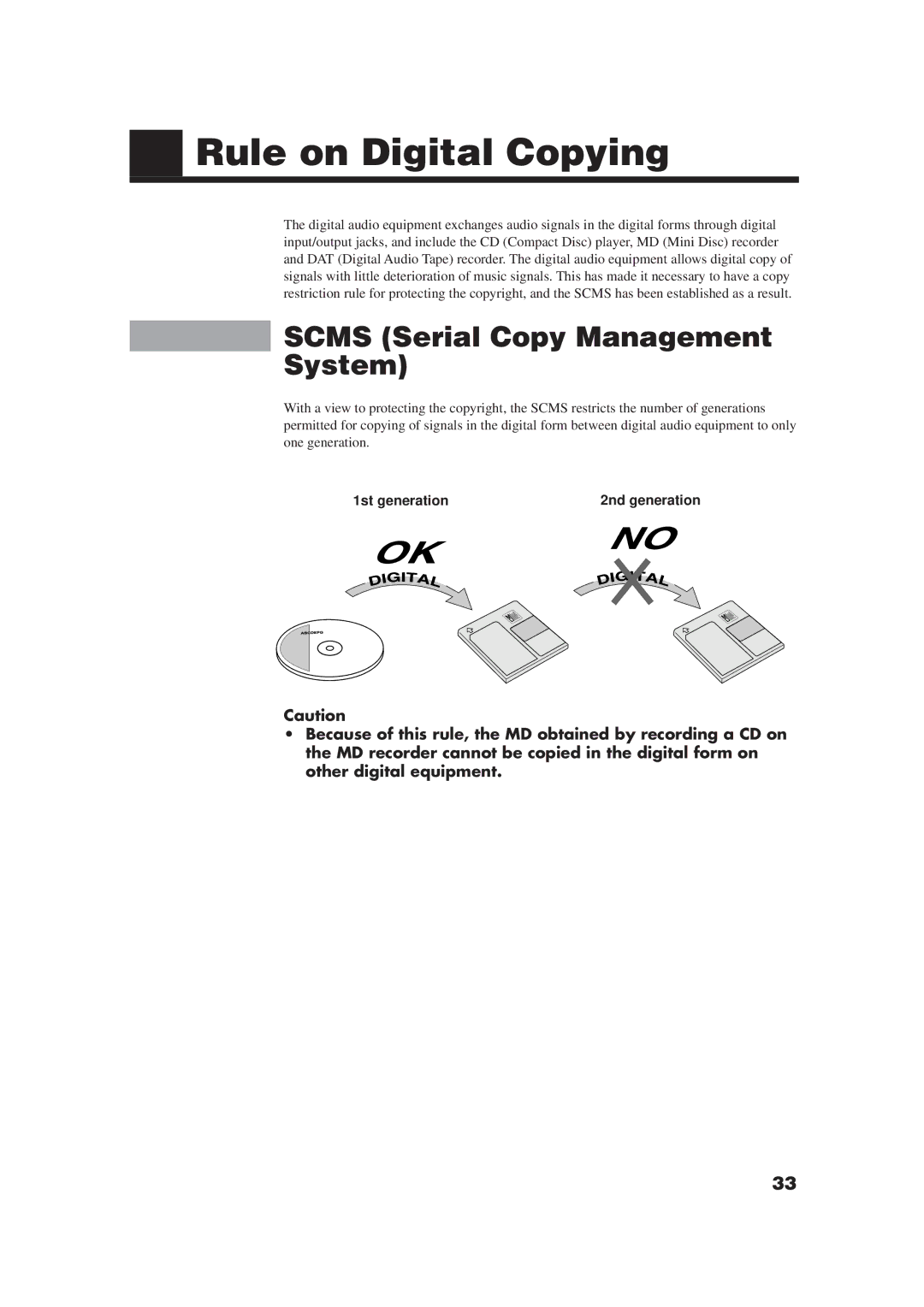 JVC XM-448BK manual Rule on Digital Copying, Scms Serial Copy Management System, 1st generation 2nd generation 