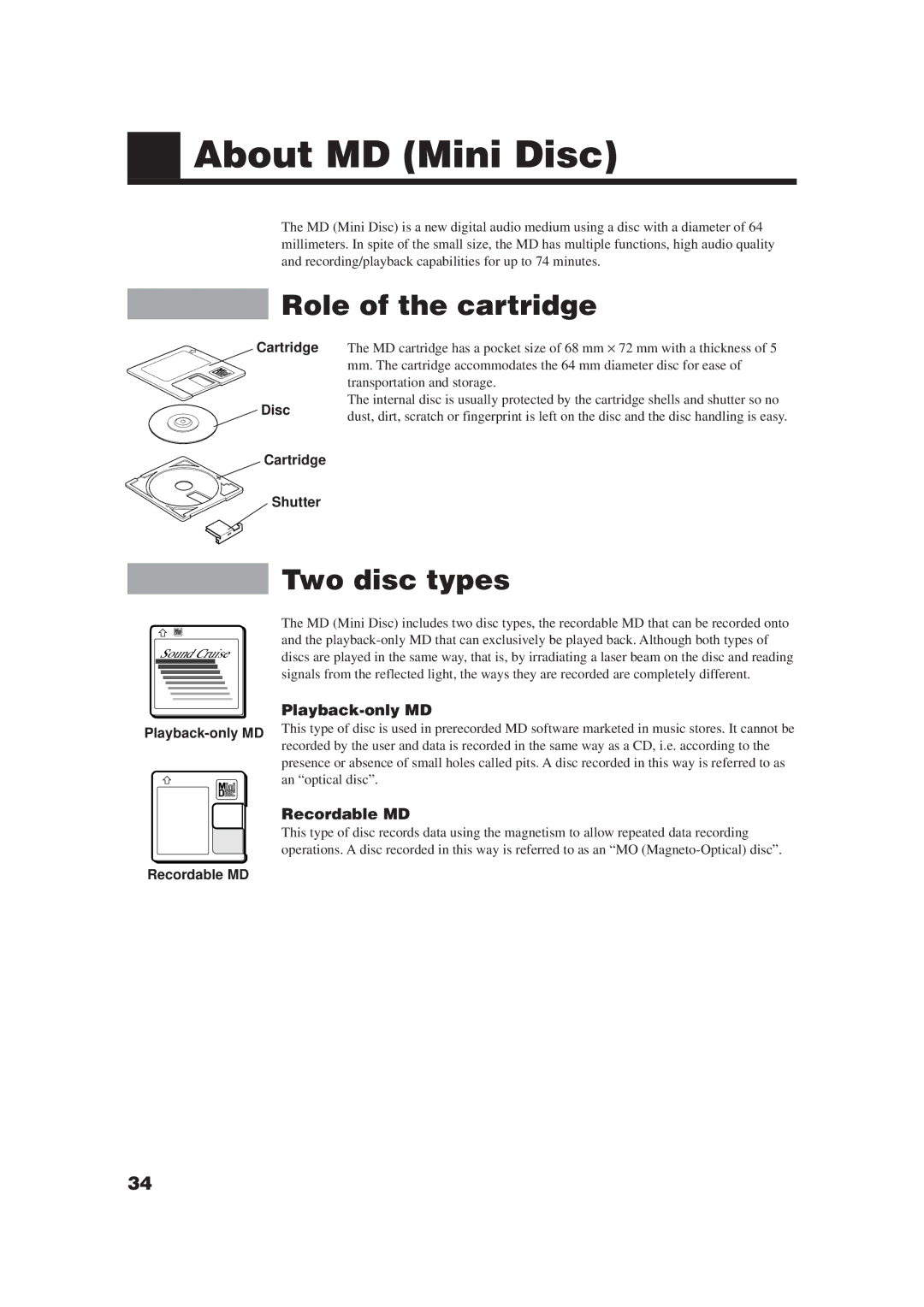 JVC XM-448BK manual About MD Mini Disc, Role of the cartridge, Two disc types, Playback-only MD, Recordable MD 