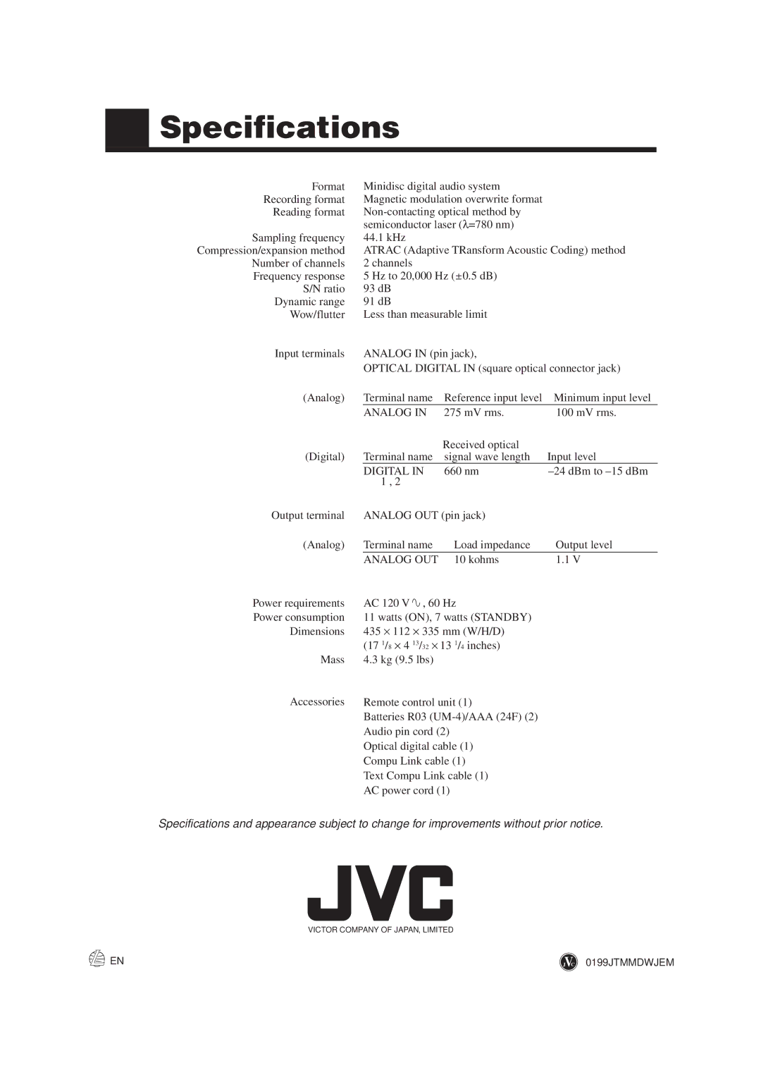 JVC XM-448BK manual Specifications, Digital 