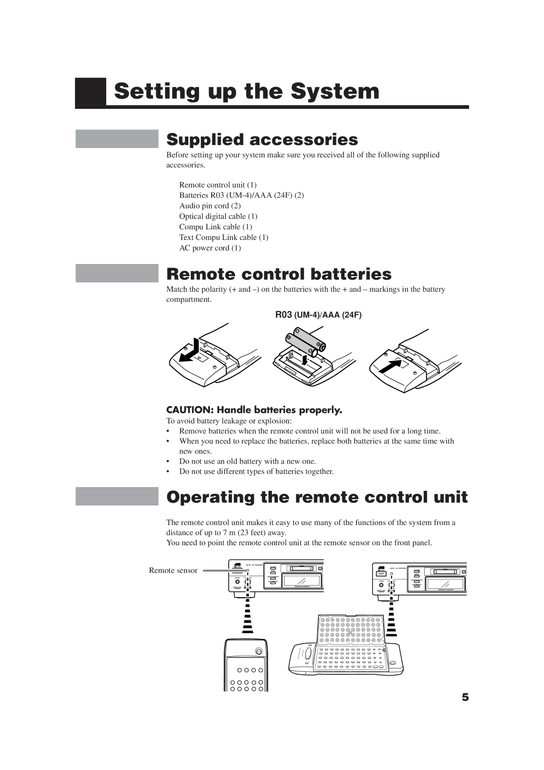 JVC XM-448BK Setting up the System, Supplied accessories, Remote control batteries, Operating the remote control unit 