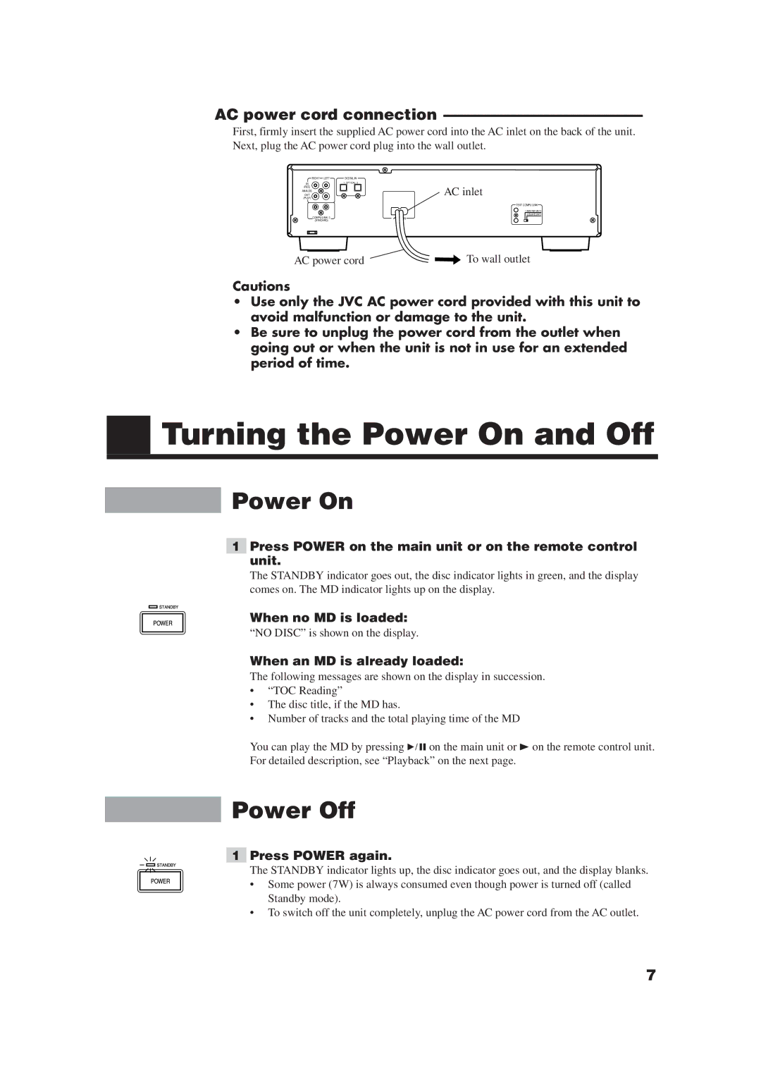 JVC XM-448BK manual Turning the Power On and Off, Power Off, AC power cord connection 