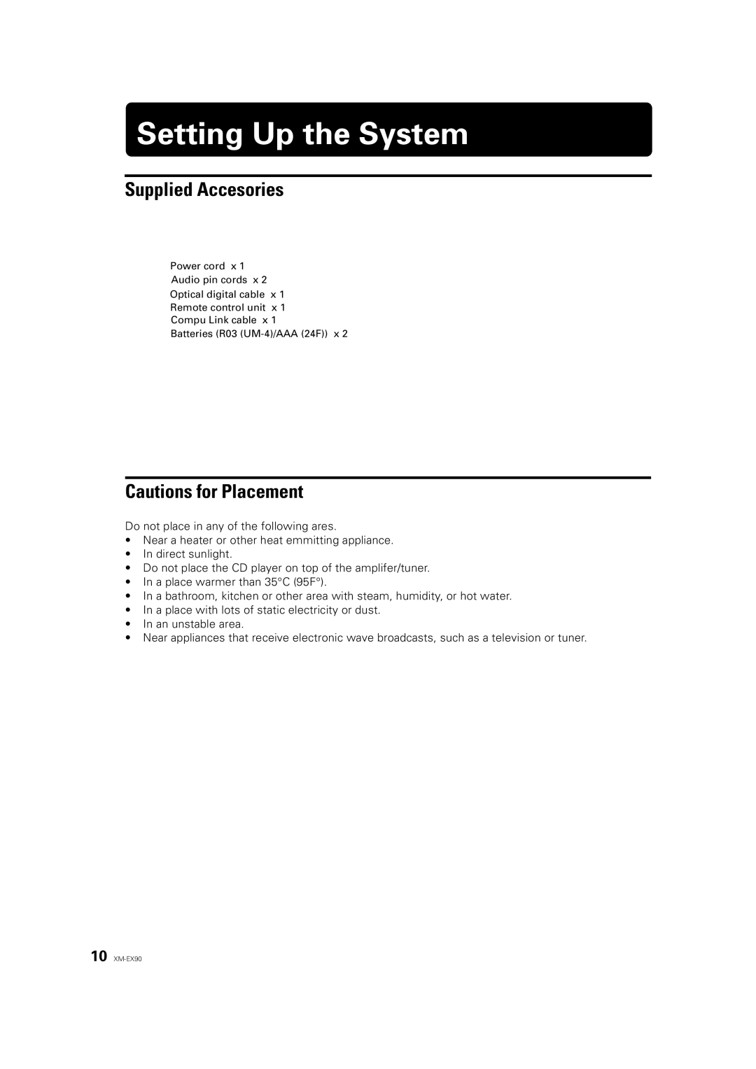 JVC XM-EX90 manual Setting Up the System, Supplied Accesories 