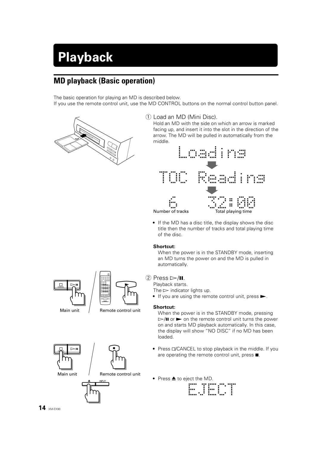 JVC XM-EX90 manual Playback, MD playback Basic operation, Load an MD Mini Disc, Press Ü/8, Shortcut 