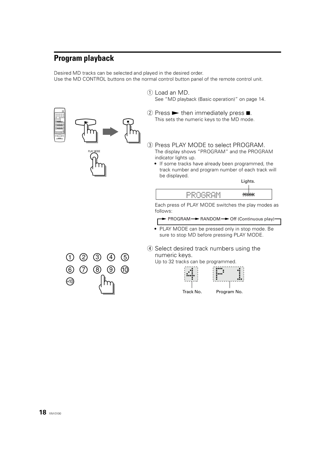 JVC XM-EX90 manual Program playback, Load an MD, Press £ then immediately press, Press Play Mode to select Program 