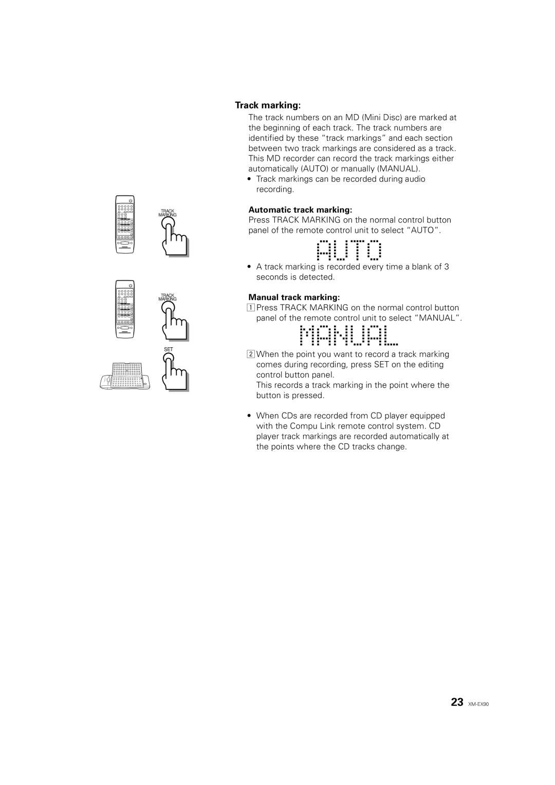 JVC XM-EX90 manual Track marking, Automatic track marking, Manual track marking 