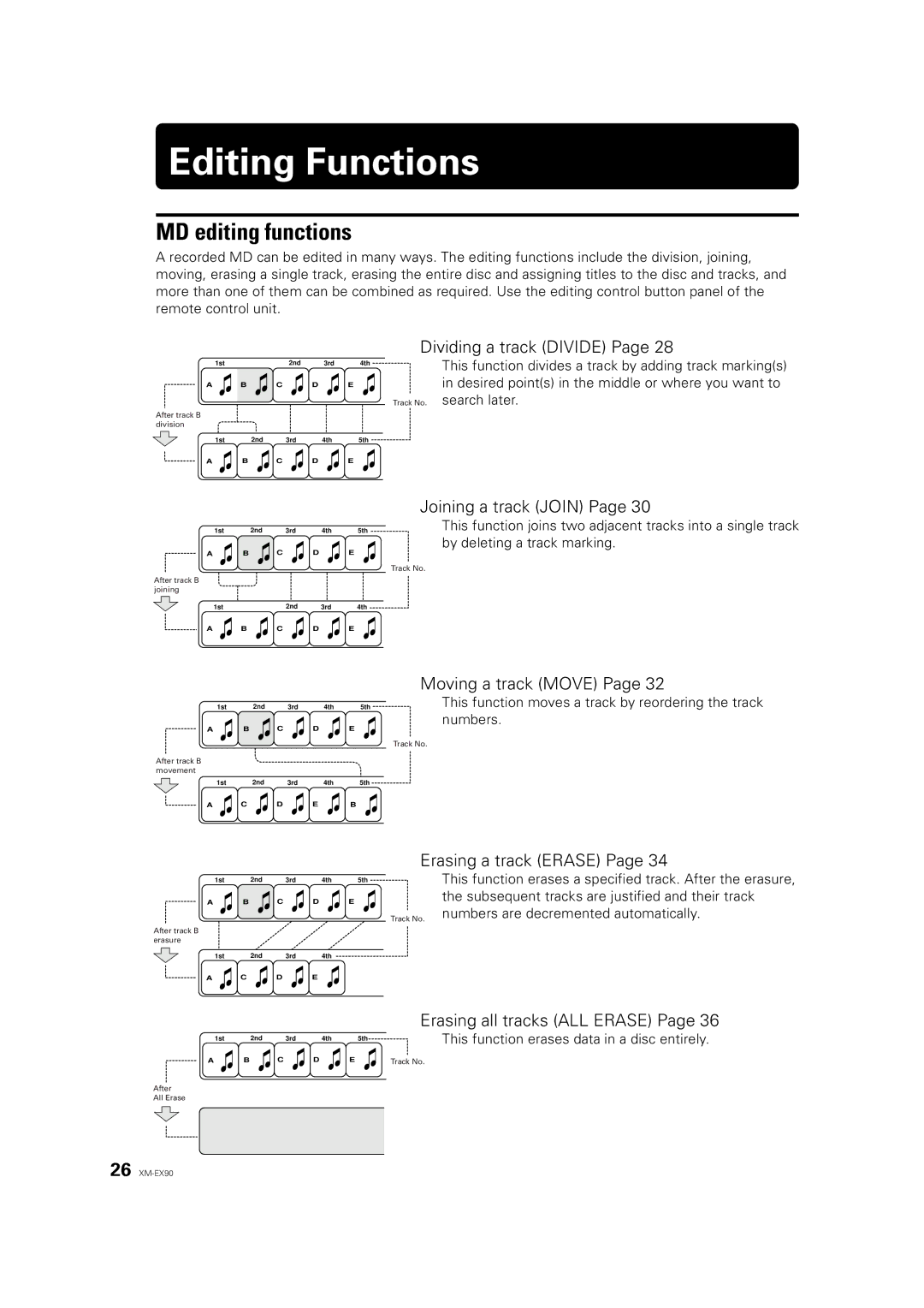 JVC XM-EX90 manual Editing Functions, MD editing functions, Dividing a track Divide, Erasing a track Erase 