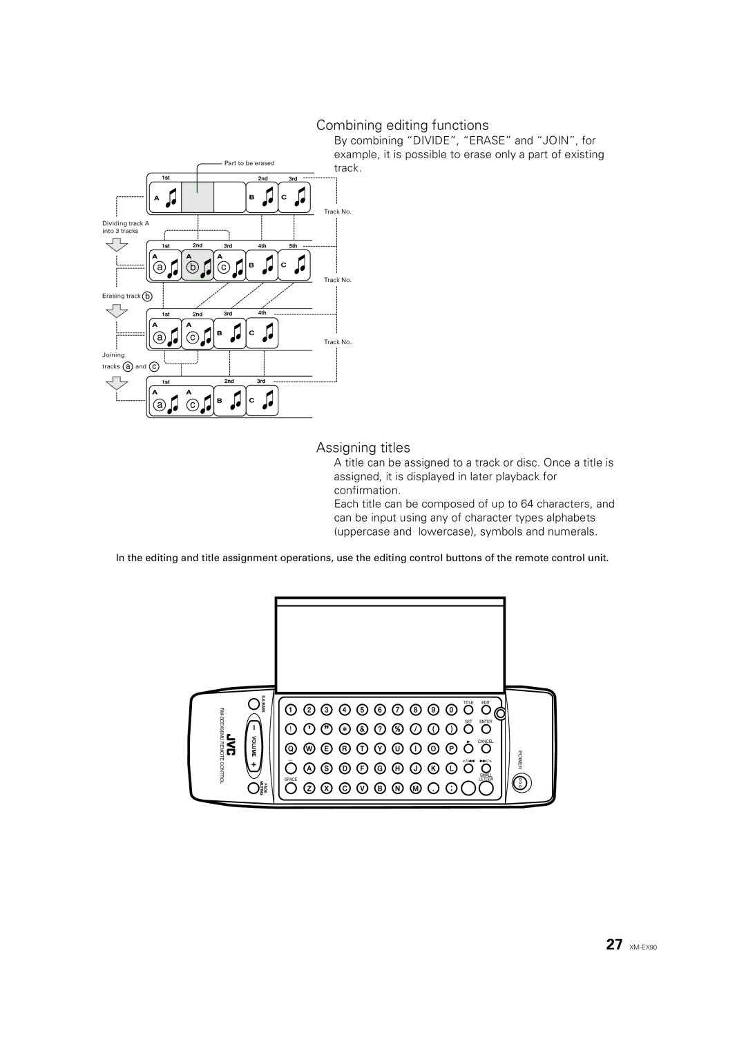 JVC XM-EX90 manual Combining editing functions, Assigning titles 