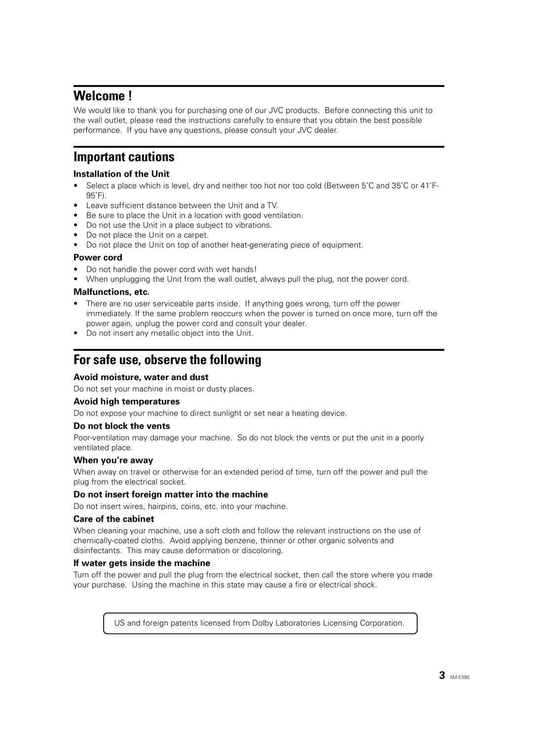 JVC XM-EX90 manual Welcome, Important cautions, For safe use, observe the following 
