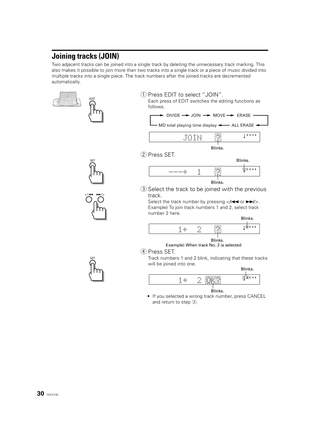 JVC XM-EX90 manual Joining tracks Join, Press Edit to select Join, Select the track to be joined with the previous Track 