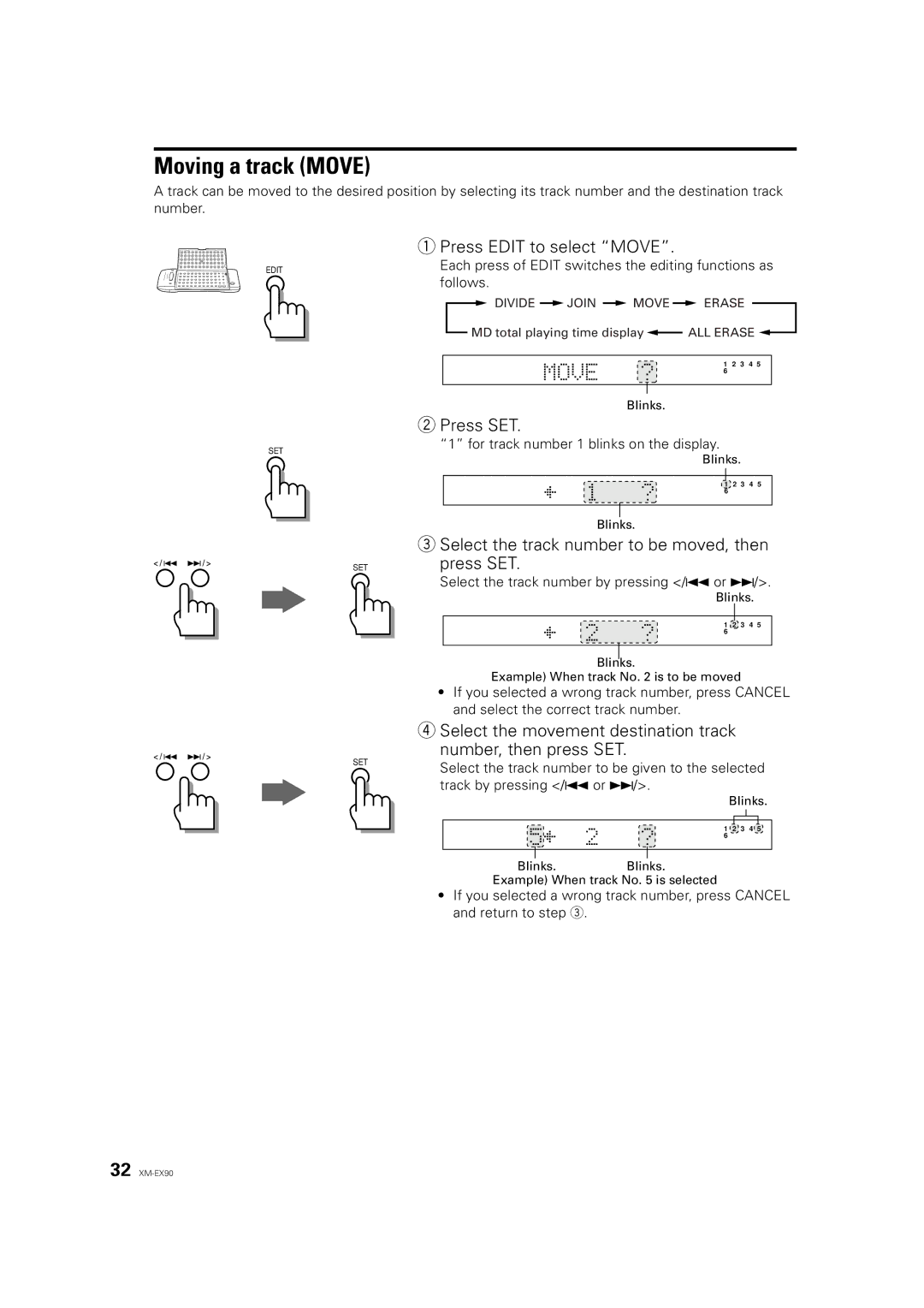 JVC XM-EX90 manual Moving a track Move, Press Edit to select Move, Select the track number to be moved, then 