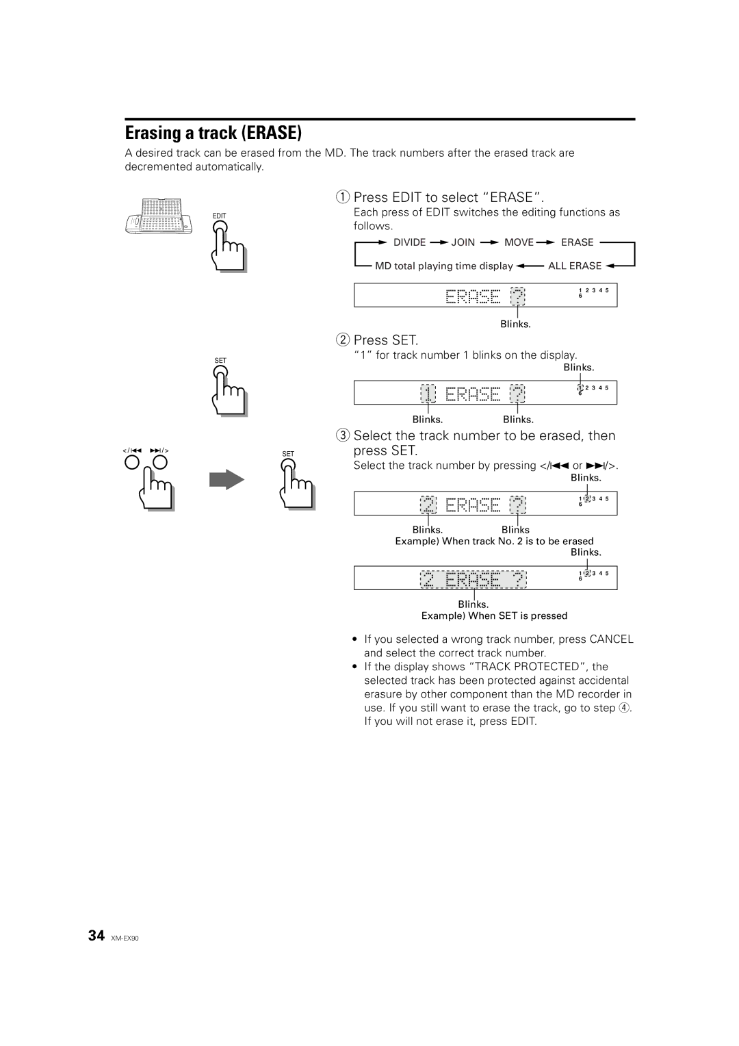 JVC XM-EX90 manual Erasing a track Erase, Press Edit to select Erase, Select the track number to be erased, then 
