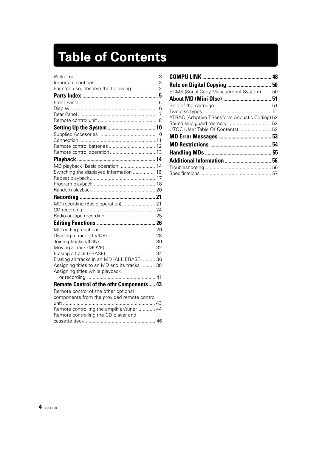 JVC XM-EX90 manual Table of Contents 