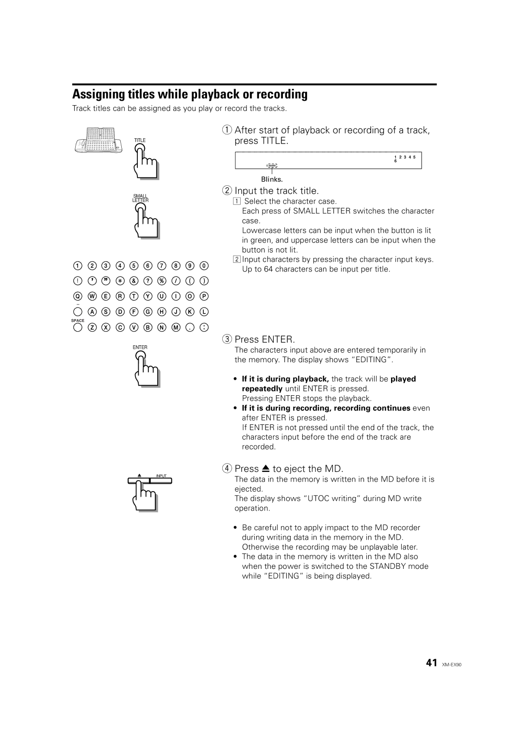 JVC XM-EX90 manual Assigning titles while playback or recording, After start of playback or recording of a track 