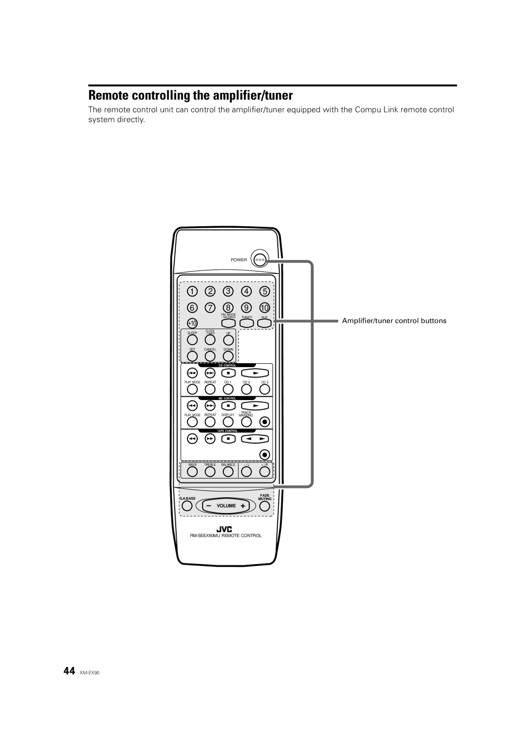 JVC XM-EX90 manual Remote controlling the amplifier/tuner, Amplifier/tuner control buttons 