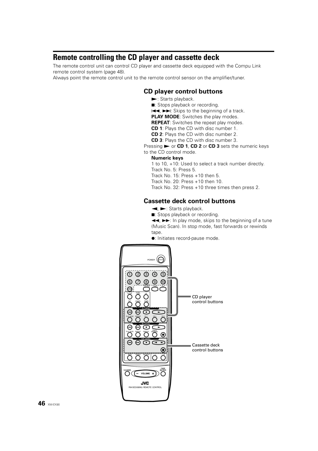 JVC XM-EX90 manual Remote controlling the CD player and cassette deck, CD player control buttons 