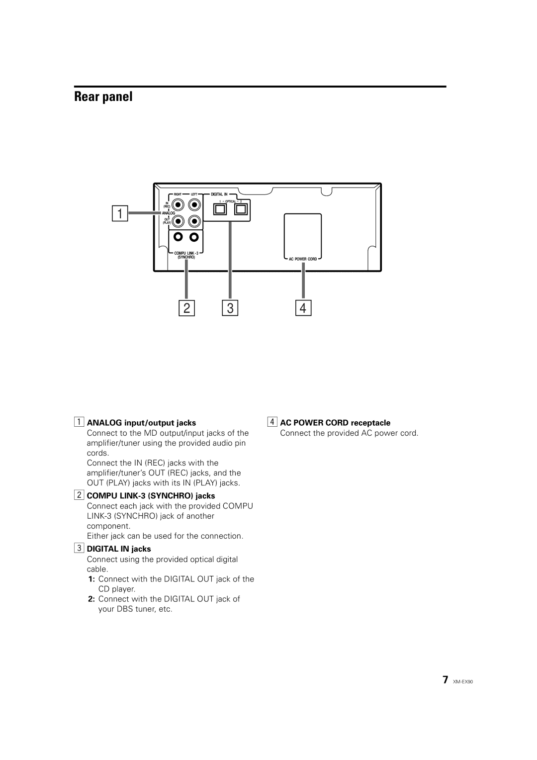 JVC XM-EX90 manual Rear panel, Analog input/output jacks, Digital in jacks 