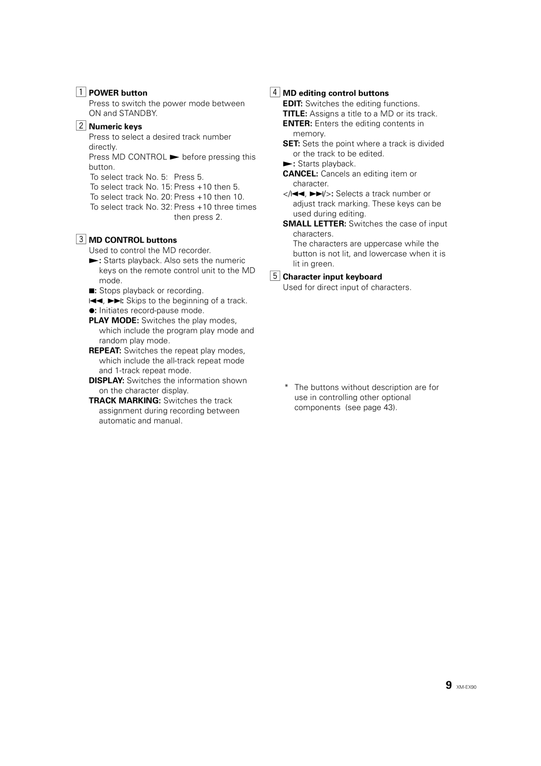 JVC XM-EX90 manual Numeric keys, MD Control buttons, MD editing control buttons, Character input keyboard 