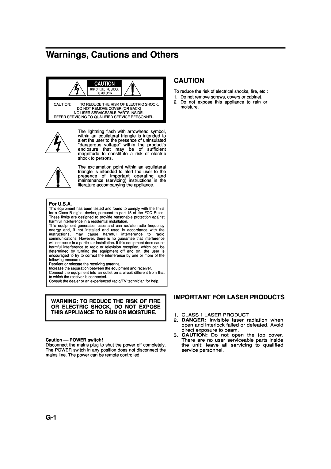 JVC XM-EX90 manual Warnings, Cautions and Others, Important For Laser Products, For U.S.A, Caution --POWER switch 