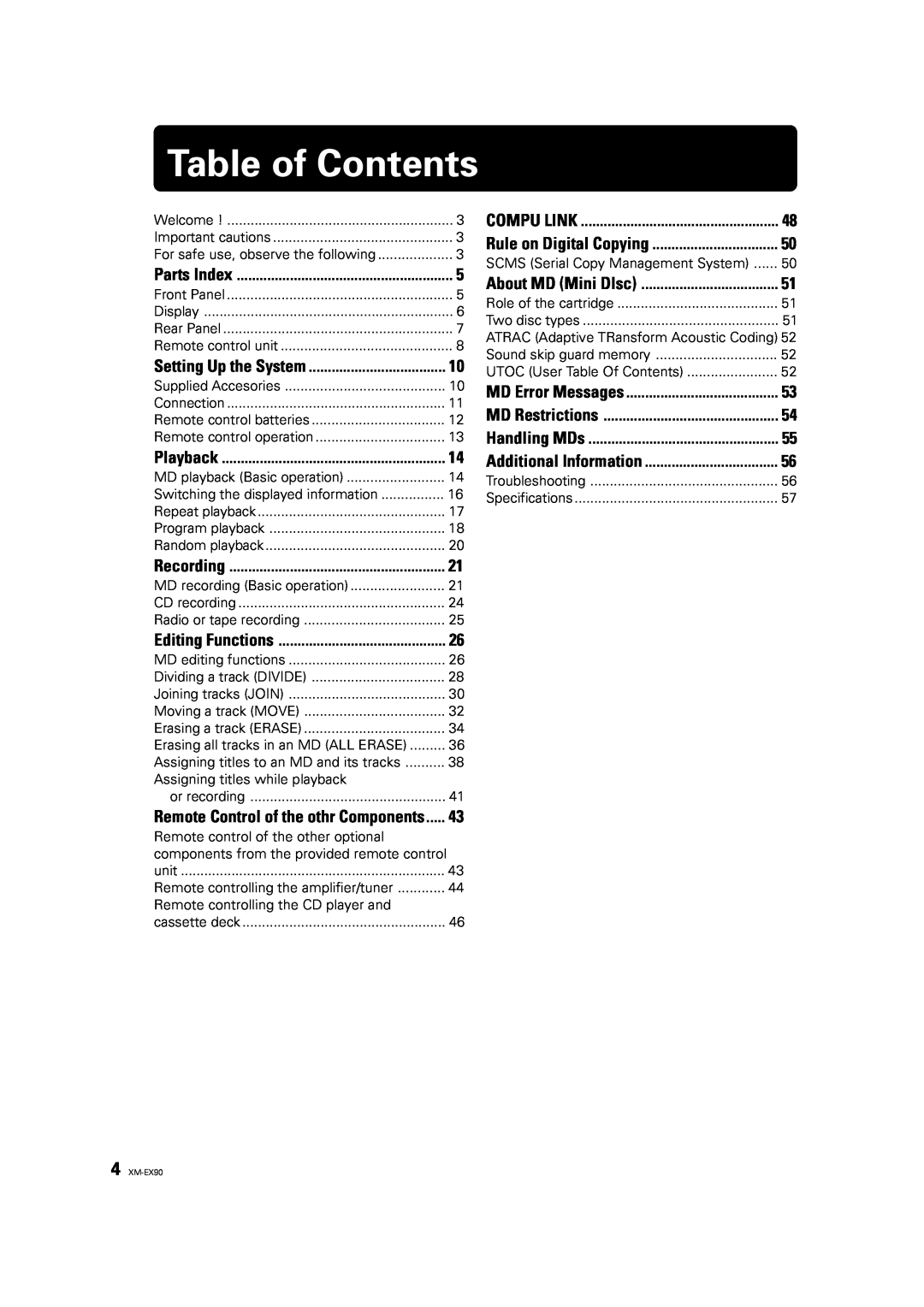 JVC XM-EX90 manual Table of Contents 