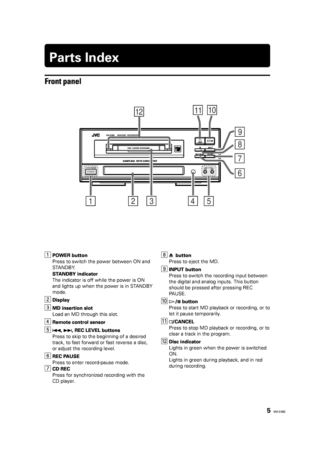 JVC XM-EX90 manual Parts Index, Front panel, 1110 