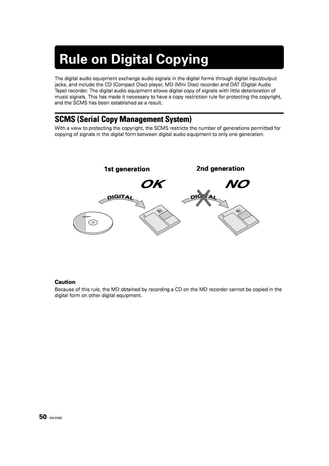 JVC XM-EX90 Rule on Digital Copying, SCMS Serial Copy Management System, Français, 1st generation, 2nd generation, Deutsch 