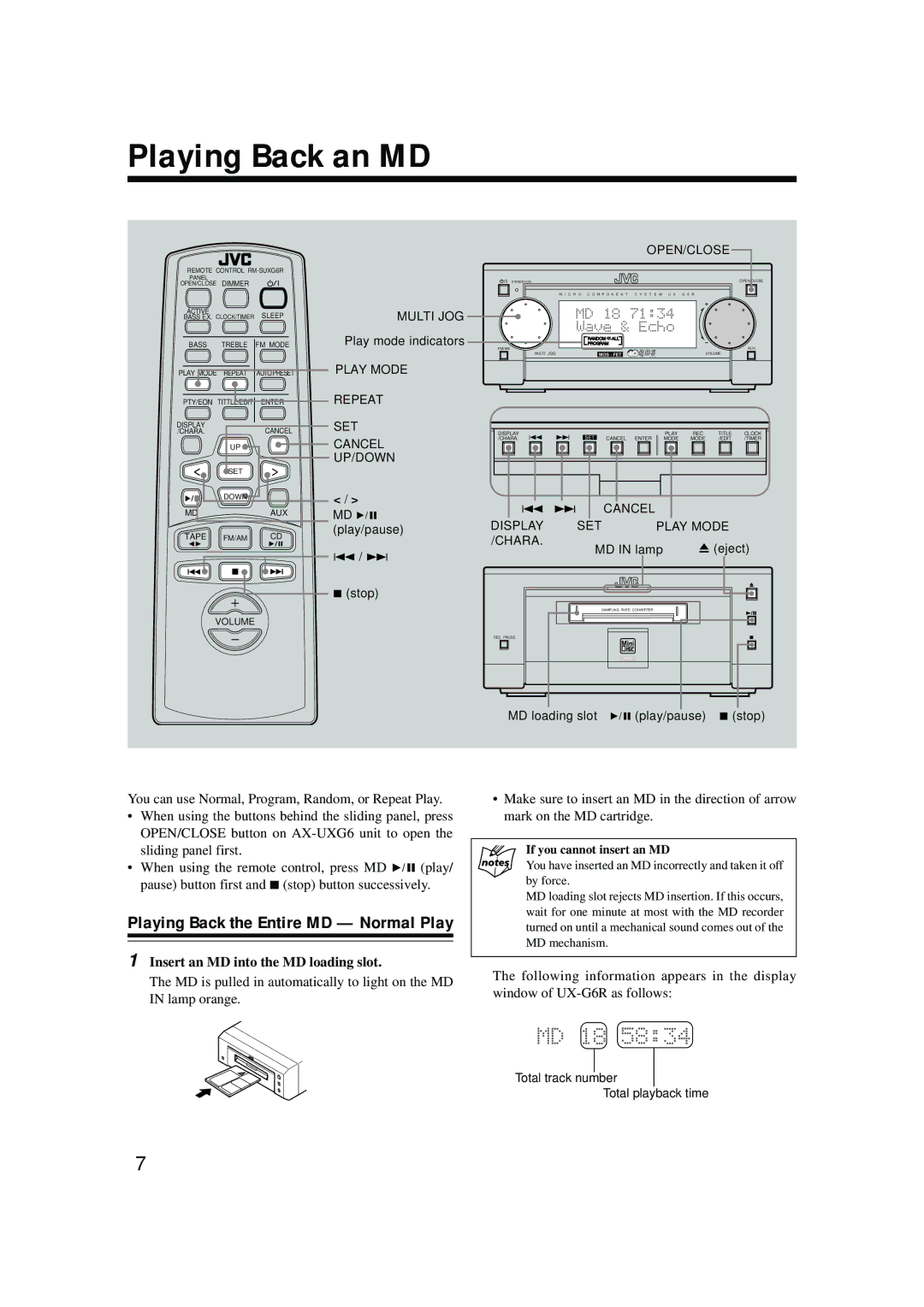 JVC XM-G6 manual Playing Back an MD, Insert an MD into the MD loading slot, If you cannot insert an MD 