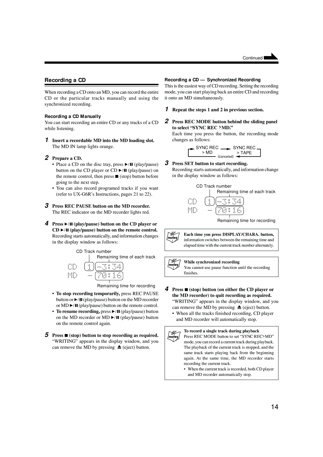 JVC XM-G6 manual Recording a CD Manually, Recording a CD Synchronized Recording 