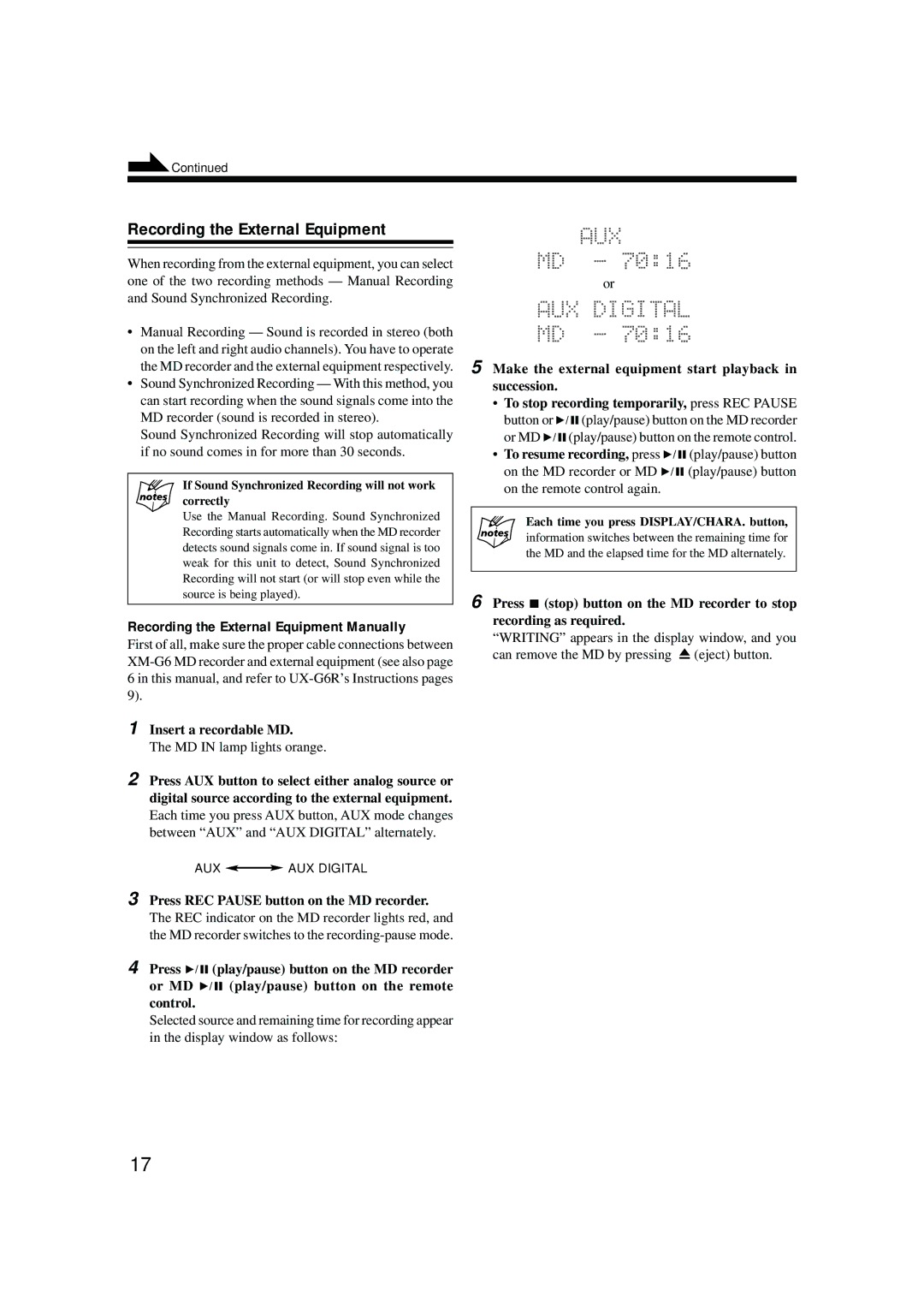 JVC XM-G6 manual Recording the External Equipment Manually, Insert a recordable MD 